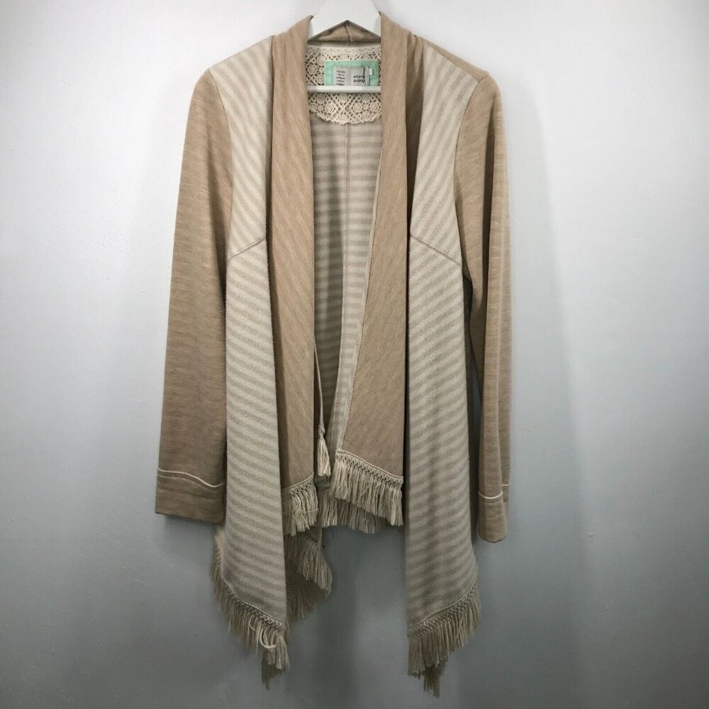 SATURDAY SUNDAY LARGE Elise Striped‎ Tan Cream Fringe Wrap Open Cardigan Sweater